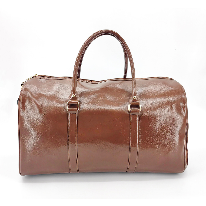 NorthTime Luggage Men's Glossy Brown Leather Travel Duffle Bag with Gold Hardware