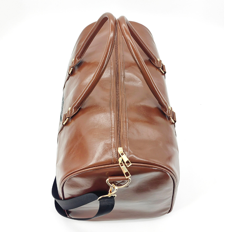 NorthTime Luggage Men's Glossy Brown Leather Travel Duffle Bag with Gold Hardware
