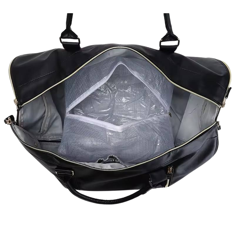 NorthTime Luggage Men's Black Leather Travel Duffle Bag with Shoulder Strap